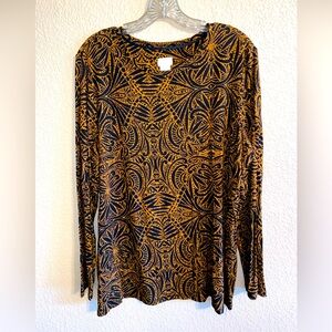 Chicos Shirt Womens XL 3 Black Orange Floral Mandala Patterned 3/4 Sleeve